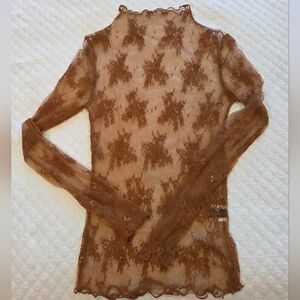 Merokeety Brown Floral Unconventional Lace Top Long Sleeve Sz Small High Neck